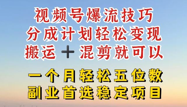 视频号爆流技巧，分成计划轻松变现，搬运 +混剪就可以，一个月轻松五位数稳定项目【揭秘】-中创项目网