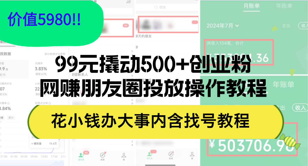 （12431期）99元撬动500+创业粉，网赚朋友圈投放操作教程价值5980！花小钱办大事内…-中创项目网