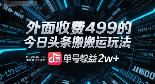外面收费499的今日头条搬运玩法，有个老铁靠这个玩法单号总收益2w+-中创项目网