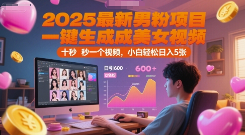 2025最新男粉项目，一键生成美女视频，日引600+色粉 十秒一个视频，小白轻松日入5张【揭秘】-中创项目网