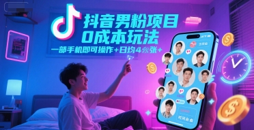 抖音男粉项目0成本玩法，一部手机即可操作，日均4张+，时间自由-中创项目网