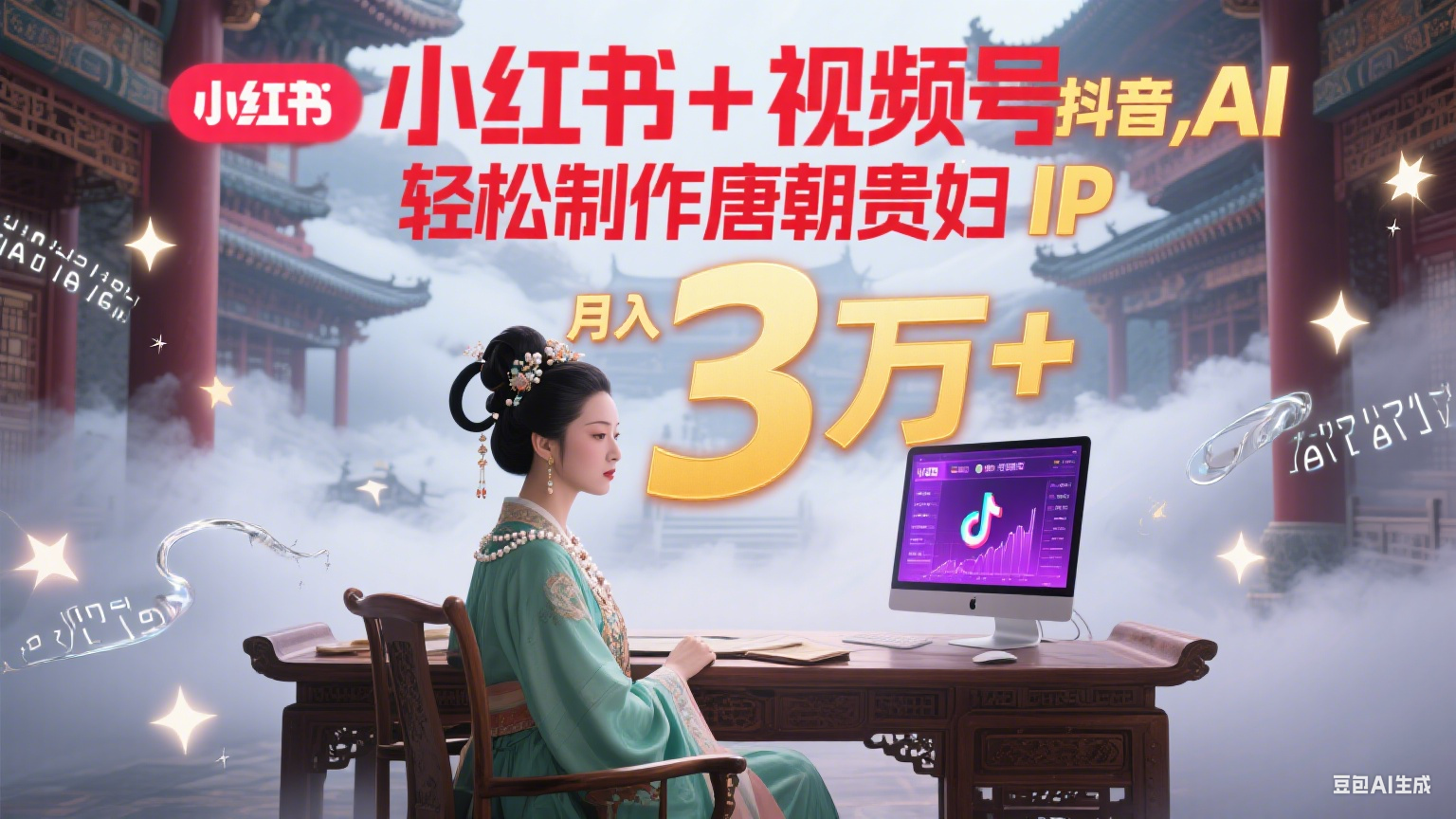 小红书+视频号+抖音，AI轻松制作唐朝贵妇IP，毒鸡汤、励志、减肥瘦身、养生赛道轻松切入，每天30分钟，轻松产出N条，月入3万+-中创项目网