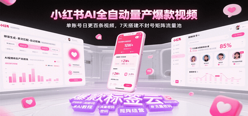 小红书AI全自动量产爆款视频，单账号日更百条视频，7天搭建不封号矩阵流量池-中创项目网