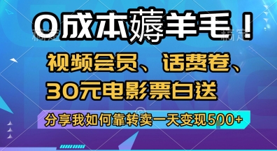 0成本薅羊毛!视频会员、话费卷、30元电影票白送，分享我如何靠转卖一天变现5张+【揭秘】-中创项目网