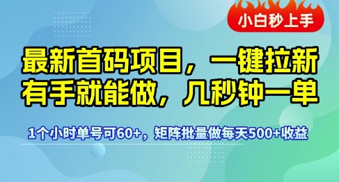 最新首码项目，一键拉新有手就能做，几秒钟一单，1个小时单号可60+，矩阵批量做每天5张【揭秘】-中创项目网