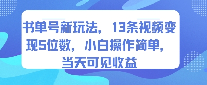 书单号新玩法，13条视频变现5位数，小白操作简单，当天可见收益-中创项目网