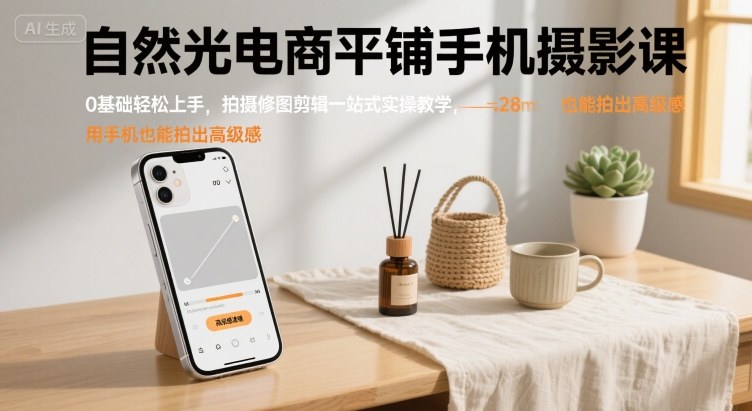自然光电商平铺手机摄影课，0基础轻松上手，拍摄修图剪辑一站式实操教学，用手机也能拍出高级感-中创项目网