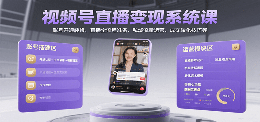视频号直播变现系统课，账号开通装修、直播全流程准备、私域流量运营、成交转化技巧等-中创项目网