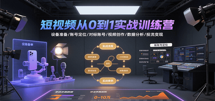 短视频从0到1实战训练营：设备准备/账号定位/对标账号/视频创作/数据分析/投流变现-中创项目网