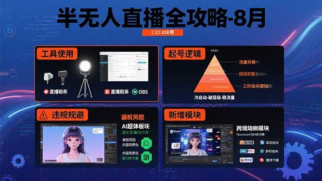 （15669期）半无人直播全攻略-8月：工具使用+起号逻辑+违规规避,新增AI超体与跨境模块-中创项目网