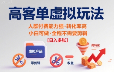 高客单虚拟玩法日入多张，人群付费能力强转化率高，小白可做 全程不需要剪辑-中创项目网