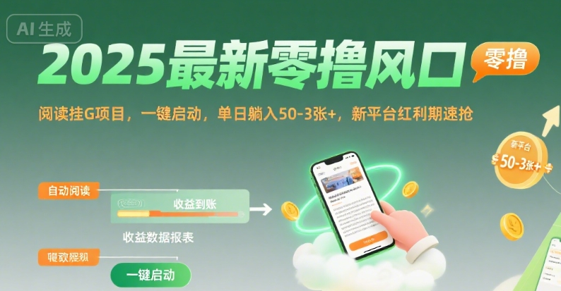 2025最新零撸风口，阅读挂G项目，一键启动，单日躺入 50-3张+，新平台红利期速抢【揭秘】-中创项目网