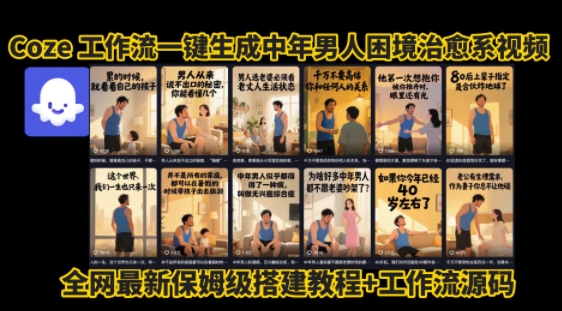 coze工作流一键生成”中年男人困境扎心高涨粉高播放量图文视频”保姆级拆解教程，无需剪辑，无需拍摄写文案-中创项目网