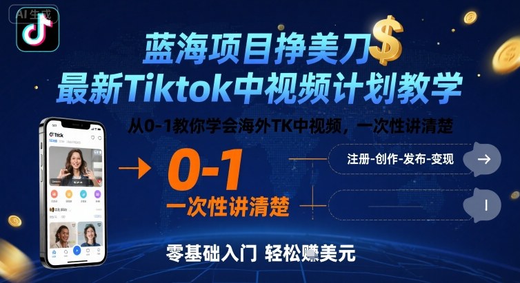 蓝海项目挣美刀，最新Tiktok中视频计划教学，从0-1教你学会海外TK中视频，一次性讲清楚-中创项目网