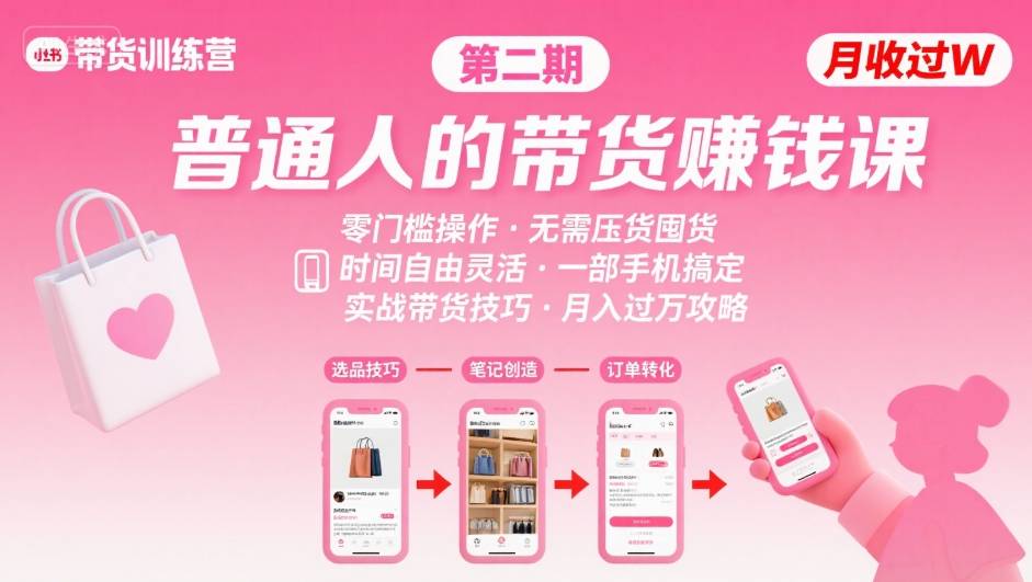小红书带货第二期训练营，普通人月收过W的带货课，时间自由，零门槛无压货，一部手机即可操作-中创项目网