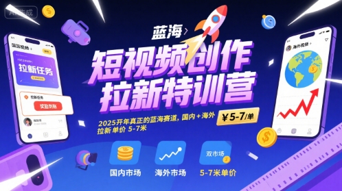 短视频创作拉新特训营，2025开年真正的蓝海赛道，国内+海外，拉新单价5-7米-中创项目网