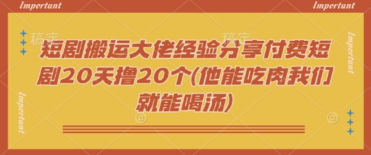 短剧搬运大佬经验分享付费短剧20天撸20个(他能吃肉我们就能喝汤)-中创项目网