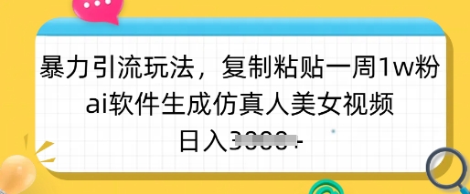暴力引流玩法，复制粘贴一周1w粉，ai软件生成仿真人美女视频，日入多张-中创项目网