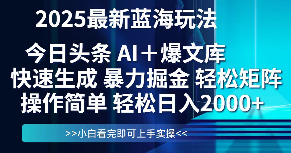 今日头条2025最新蓝海玩法，思路简单，复制粘贴，轻松实现矩阵日入2000+-中创项目网