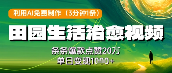 利用AI免费制作田园生活治愈视频，条条爆款点赞20W，单日变现几张-中创项目网