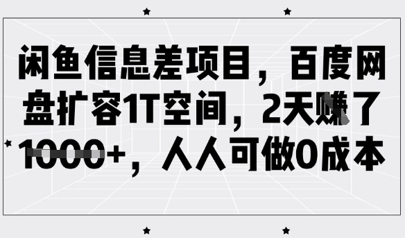 闲鱼信息差项目，百度网盘扩容1T空间，2天收益1k+，人人可做0成本-中创项目网