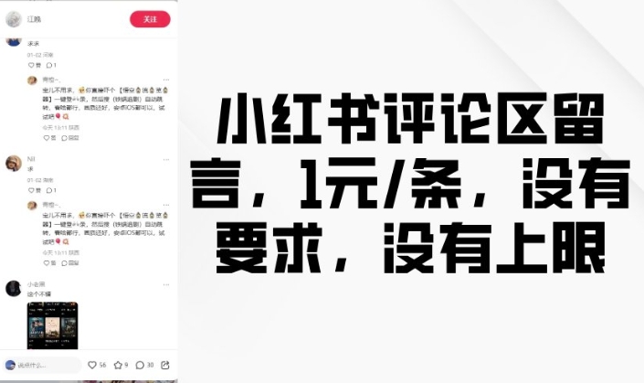 小红书评论区留言，1元条，没有要求，没有上限-中创项目网