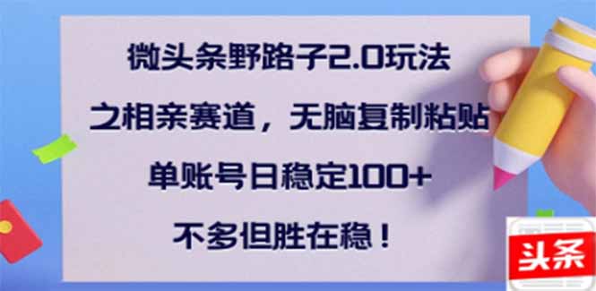 微头条野路子2.0玩法之相亲赛道，无脑搬砖复制粘贴，单账号日稳定300+…-中创项目网