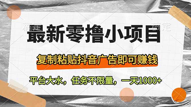 最新零撸小项目，复制粘贴抖音广告即可赚钱，平台大水，任务不限量，一…-中创项目网