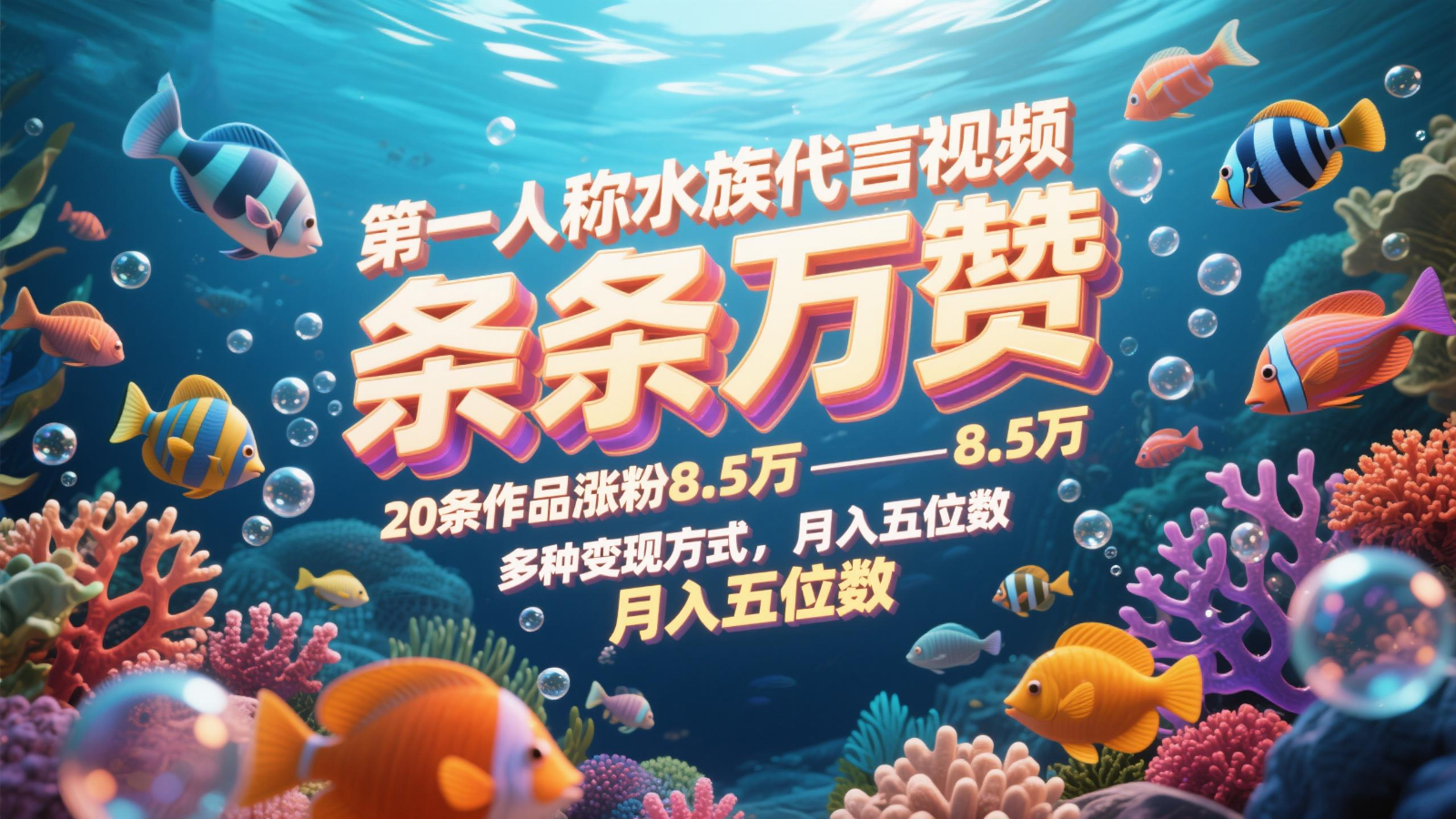 第一人称水族代言视频，条条万赞，20条作品涨粉8.5万，多种变现方式月，入五位数-中创项目网