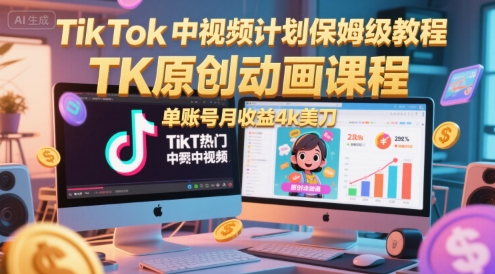 TikTok中视频计划保姆级教程，TK原创动画课程，单账号月收益4k美刀-中创项目网