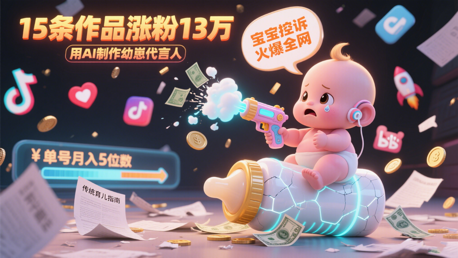 用AI制作幼崽代言人，宝宝的控诉火爆全网，15条作品涨粉13万，单号月入5位数实操教程-中创项目网